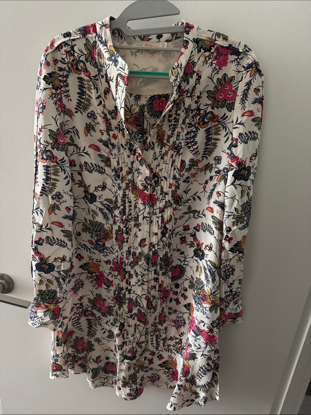 Tory Burch Floral Silk Dress - Long Sleeve, White with Pink & Navy